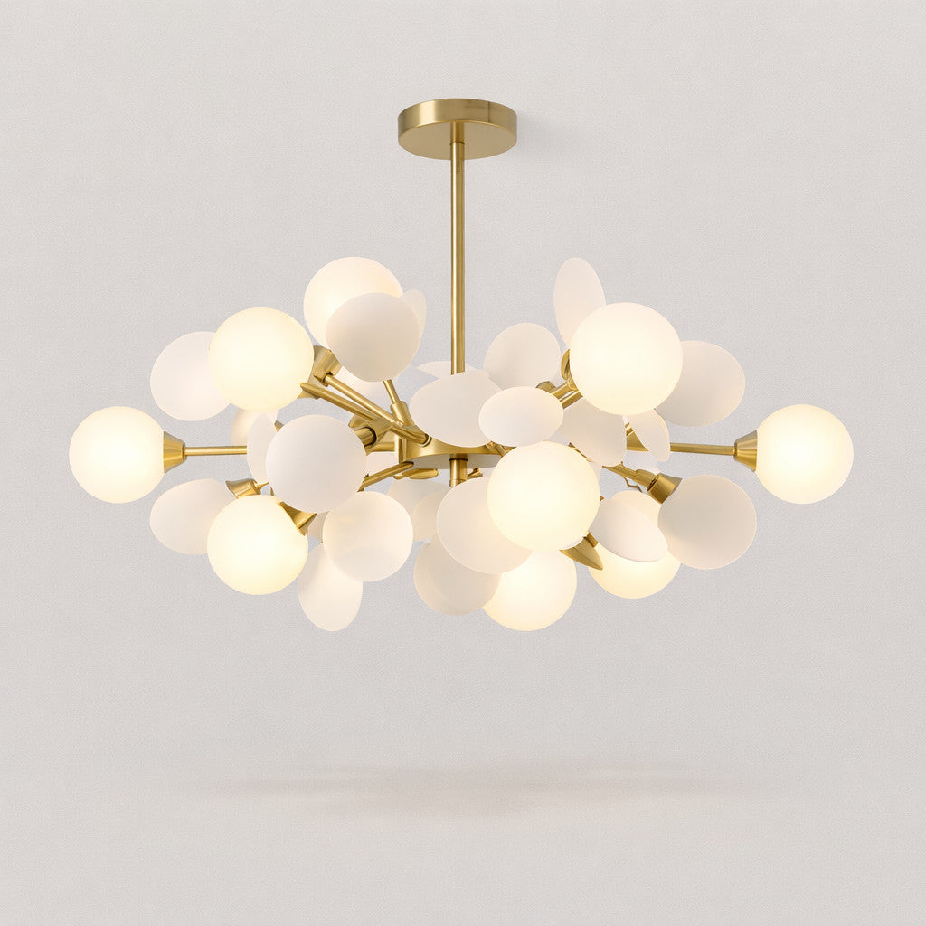 Lustre multi-branches en verre et fer, 10 ou 12 globes, blanc ou coloré